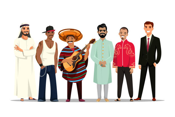 Different nation man in traditional outfit set Different nationality. Man in traditional outfit set. Variety nation character representative. Arabian, asian, indian, afro-american, caucasian, latine person. International people vector illustration mexico people stock illustrations