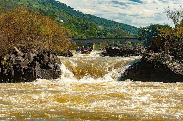 grupo de amigos fazendo rafting em um barco inflável nas corredeiras do rio itajaí-açu, na cidade de apiúna, em santa catarina. um dos melhores rios do brasil para praticar esse esporte - teamwork oar achievement sports team - fotografias e filmes do acervo