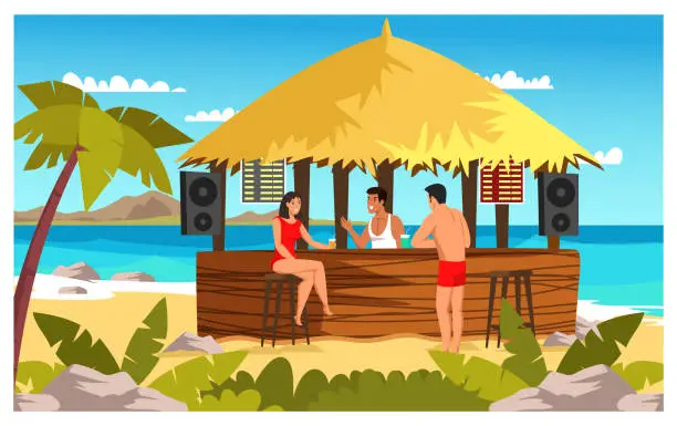 Vector illustration of Man and woman drink exotic cocktails, fruit shakes, alcohol drinks at beach bar. Bar and cafe business at resort. Summer restaurant on sea coast with bartender and tourist visitors. Vector.