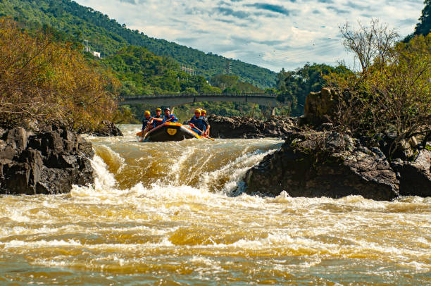 gruppo di amici che fa rafting su un gommone nelle rapide del fiume itajaí-açu, nella città di apiúna a santa catarina. uno dei migliori fiumi del brasile per praticare questo sport - teamwork oar achievement sports team foto e immagini stock