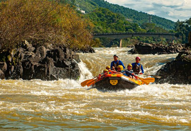 grupo de amigos fazendo rafting em um barco inflável nas corredeiras do rio itajaí-açu, na cidade de apiúna, em santa catarina. um dos melhores rios do brasil para praticar esse esporte - teamwork oar achievement sports team - fotografias e filmes do acervo