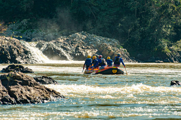 gruppo di amici che fa rafting su un gommone nelle rapide del fiume itajaí-açu, nella città di apiúna a santa catarina. uno dei migliori fiumi del brasile per praticare questo sport - teamwork oar achievement sports team foto e immagini stock