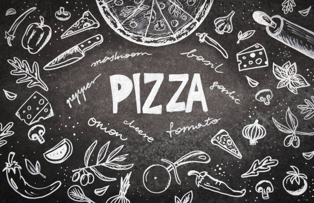 Illustrations of pizza ingredients on black chalkboard