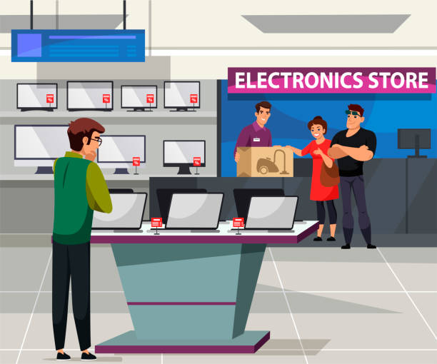 vector illustration kunden im elektronischen geschäft - electrical equipment electronics store store shopping stock-grafiken, -clipart, -cartoons und -symbole