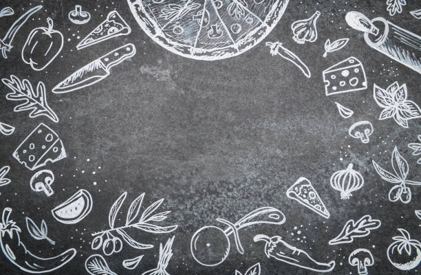 istock drawings of pizza and ingredients on black background 1218824342