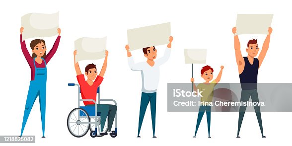 istock Vector characters set protest people empty placard 1218825082
