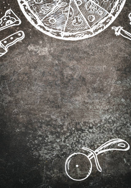 drawings of pizza and ingredients on black background