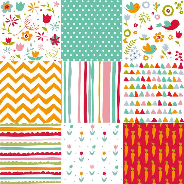 Vector illustration of Spring, easter patterns. Vector seamless backgrounds.