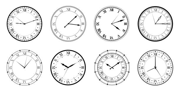 винтажные часы. набор различных часов. смотреть набор. время. любые часы на выбор. векторная графика на белом фоне в плоском стиле. - clock face old time number 2 stock illustrations