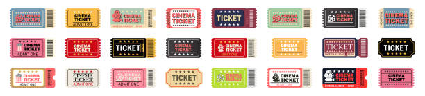 Cinema ticket large set.Relastic.Movie ticket template in realistic style.Vector Cinema ticket large set.Relastic.Movie ticket template in realistic style.Vector illustration ticket stock illustrations