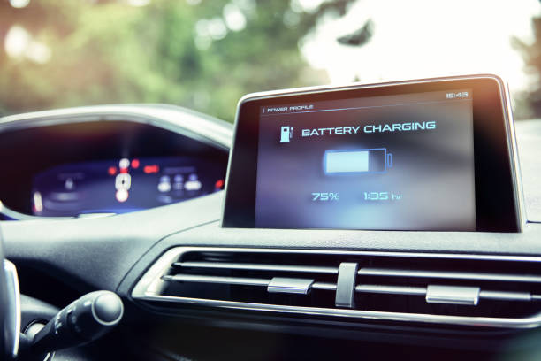 Display informs about battery charge level in the electric car stock photo