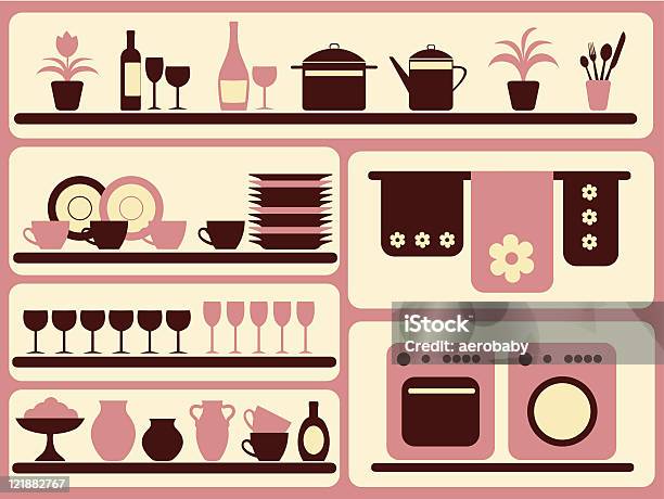 Кухня Набор Посуды И Дома Объектов — стоковая векторная графика и другие изображения на тему Без людей - Без людей, Блюдце, Бутылка