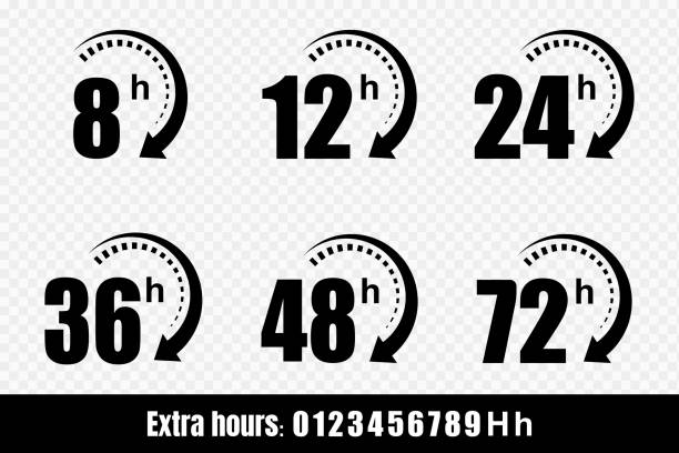 8, 12, 24, 48 und 72 stunden uhr pfeil vektor-symbole. lieferservice, online-deal verbleibende zeit website symbole. vektor-illustration. - zwölf uhr stock-grafiken, -clipart, -cartoons und -symbole