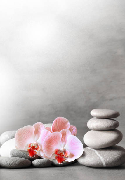 istock Spa stones on gray background with orchids. 1218830414