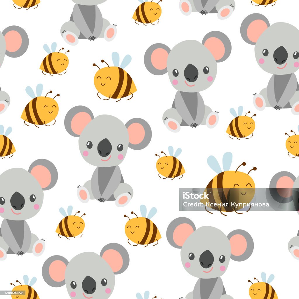 Seamless Pattern With Koala Babies And Yellow Bees White Background Flat  Cartoon Style Cute And Funny For Children Textile Scrapbooking Wallpaper  And Wrapping Paper Spring And Summer Ornament Stock Illustration - Download