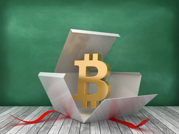 Gift Box with Bitcoin Symbol on Chalkboard Background - 3D Rendering stock photo