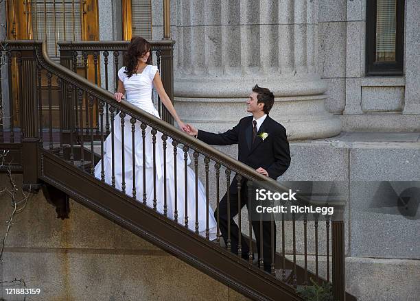 Bride And Groom On Stairs Stock Photo - Download Image Now - 20-29 Years, Adult, Beautiful People