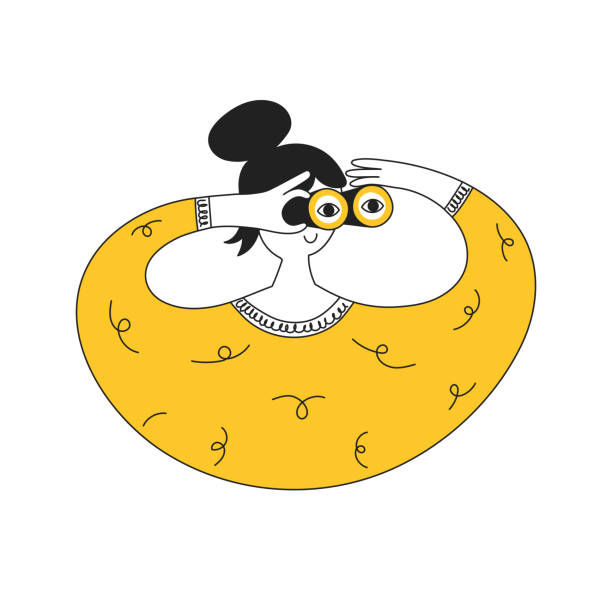 Searching, research, analysis, vision or monitoring concept Girl with a happy face looking through binoculars. Flat line isolated black & yellow vector illustration on white background. binoculars point of view stock illustrations