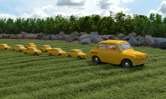 Yellow retro cars associated with mom duck and her children ducklings. Conceptual creative illustration with double meaning. 3D rendering