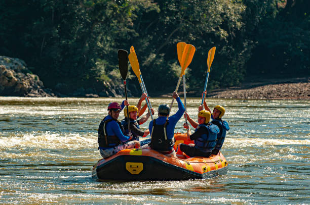 gruppe von freunden rafting in einem schlauchboot in den stromschnellen des flusses itajaa-au, in der stadt apina in santa catarina. einer der besten flüsse in brasilien, um diesen sport zu praktizieren - sports team sport rowing teamwork rafting stock-fotos und bilder