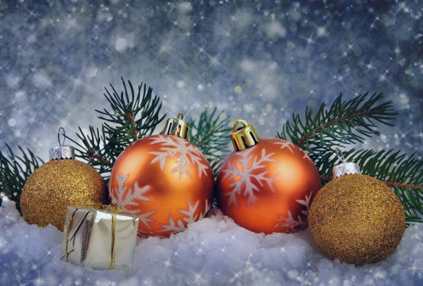 istock Festive Christmas balls, small box with present and fir branches 1218833079