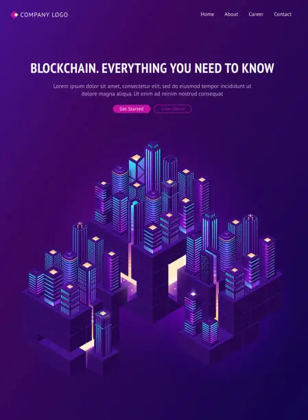 Vector illustration of Blockchain technology smartcity isometric banner