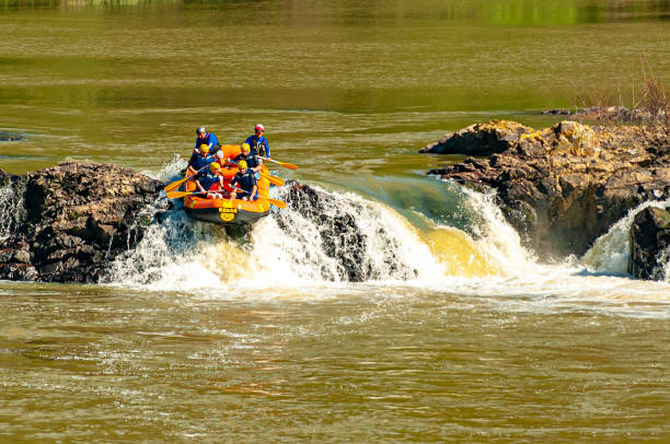 grupo de amigos fazendo rafting em um barco inflável nas corredeiras do rio itajaí-açu, na cidade de apiúna, em santa catarina. um dos melhores rios do brasil para praticar esse esporte - teamwork oar achievement sports team - fotografias e filmes do acervo