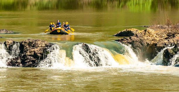 grupo de amigos fazendo rafting em um barco inflável nas corredeiras do rio itajaí-açu, na cidade de apiúna, em santa catarina. um dos melhores rios do brasil para praticar esse esporte - teamwork oar achievement sports team - fotografias e filmes do acervo