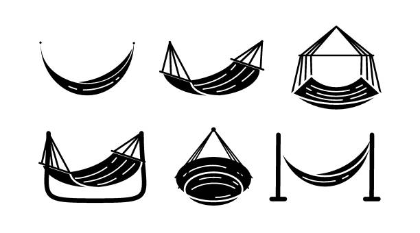 Set of black simple hammock icons isolated on white background. Relax fun. Indoor swing. Sun bathing. Vector illustration for web design. Set of black simple hammock icons isolated on white background. Relax fun. Indoor swing. Sun bathing. Vector illustration for web design. hammock stock illustrations