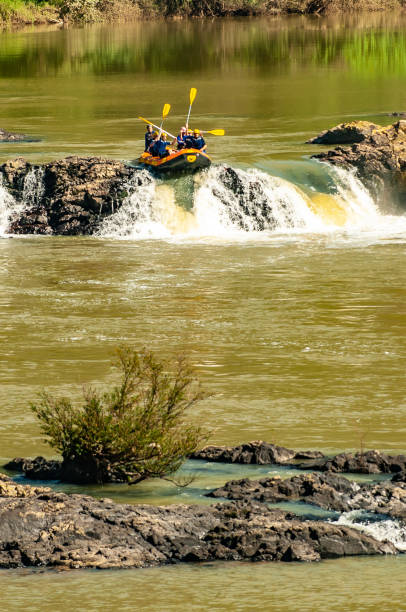 grupo de amigos fazendo rafting em um barco inflável nas corredeiras do rio itajaí-açu, na cidade de apiúna, em santa catarina. um dos melhores rios do brasil para praticar esse esporte - teamwork oar achievement sports team - fotografias e filmes do acervo