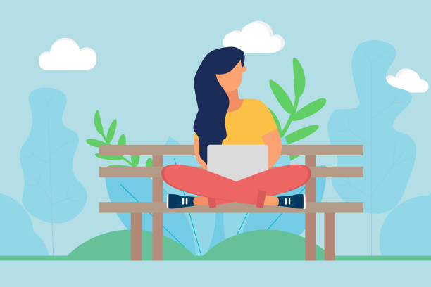 Woman sitting on bench in the park and using laptop on spring day Girl on a bench in the park working on a laptop in spring day. A woman sitting with crossed legs on the bench. Working outdoor concept. Flat design vector illustration cross legged illustrations stock illustrations