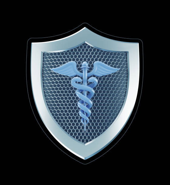 Blue caduceus symbol placed in center of a metallic shield designed in modern manner isolated on black background. 3D rendering graphics on the theme of Medicine & Pharmaceutical.