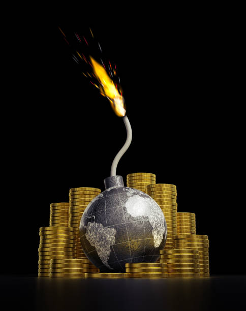 The Fear of a Global Financial Crash A world globe in the form of a black spherical bomb with burning wick which are placed among of stacks of coins. 3D rendering graphics on the theme of Economical Crisises. its the final countdown stock pictures, royalty-free photos & images