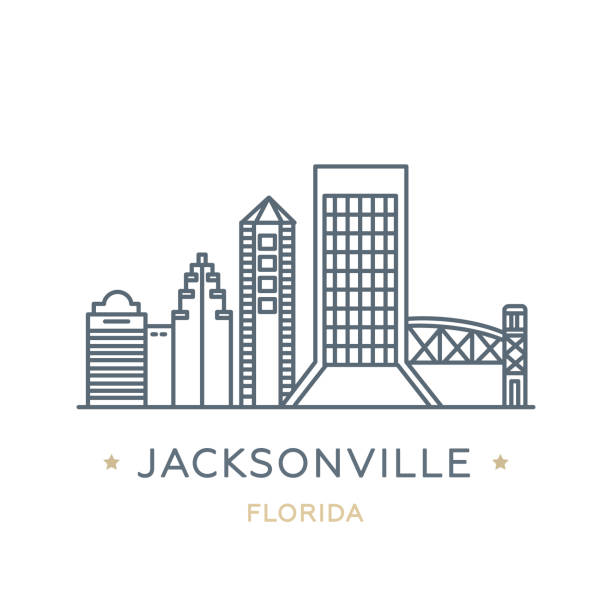 City Jacksonville, state of Florida. Line icon of famous and largest city of USA. Outline icon for web, mobile and infographics. Landmarks and famous building. Vector illustration, white isolated. jacksonville symbol stock illustrations