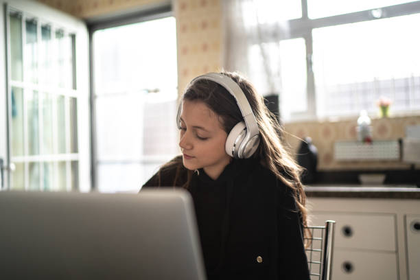 istock Girl using laptop at home 1218836063