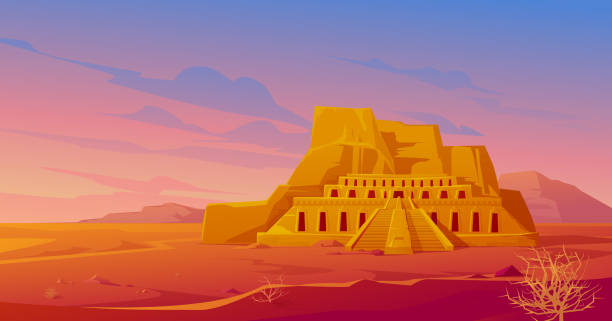 Egypt mortuary temple of queen Hatshepsut, desert Egypt mortuary temple of queen Hatshepsut in Deir al-Bahri, world famous Egyptian landmark in desert landscape with tumbleweeds. Tourist attraction architecture building, Cartoon vector illustration queen hatshepsut stock illustrations