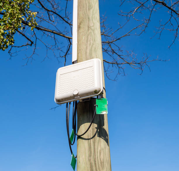 istock FIber optic street terminal on a electric pillar with multiple FTTH terminations 1218836671