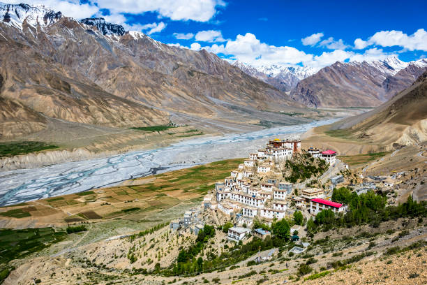 Key monastery Beautiful view of the Key Gompa Monastery surrounded by the Himalaya mountains, at the Spiti Valley, north of India. lahaul and spiti district photos stock pictures, royalty-free photos & images