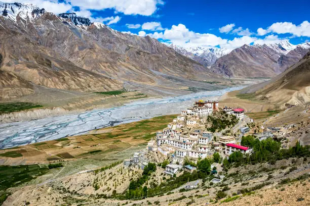 Beautiful view of the Key Gompa Monastery surrounded by the Himalaya mountains, at the Spiti Valley, north of India.