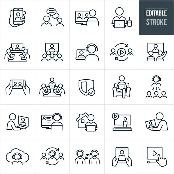 A set of video conferencing icons that include editable strokes or outlines using the EPS vector file. The icons include several different people engaging in video conferencing, webinars, online meetings, telecommunications and other online trainings and meetings between people and workers. They include a web conference on a mobile phone, two business people chatting, a person on a computer engaged in a teleconference with two other business people, person on laptop, a boardroom full of workers watching a video conference, a group of people watching a video conference, a person telecommunicating with another person on a laptop computer, online video, two people engaged in an online educational training, webinar on a smartphone, three business people in a boardroom on laptops as part of a video conference, person sitting in chair on laptop, business person working from home, people telecommuting from home, people using headsets for video conference and other related icons.