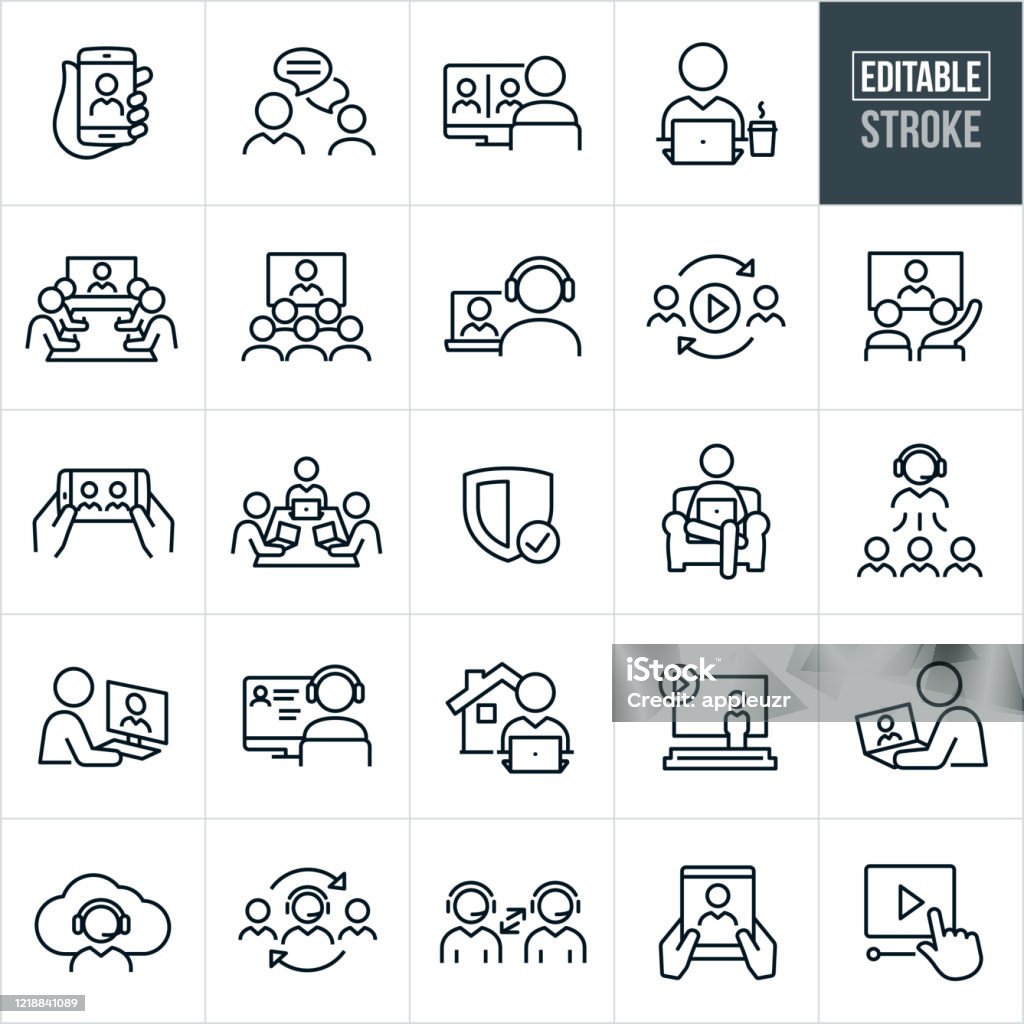 Video Conferencing Thin Line Icons - Editable Stroke A set of video conferencing icons that include editable strokes or outlines using the EPS vector file. The icons include several different people engaging in video conferencing, webinars, online meetings, telecommunications and other online trainings and meetings between people and workers. They include a web conference on a mobile phone, two business people chatting, a person on a computer engaged in a teleconference with two other business people, person on laptop, a boardroom full of workers watching a video conference, a group of people watching a video conference, a person telecommunicating with another person on a laptop computer, online video, two people engaged in an online educational training, webinar on a smartphone, three business people in a boardroom on laptops as part of a video conference, person sitting in chair on laptop, business person working from home, people telecommuting from home, people using headsets for video conference and other related icons. Icon stock vector