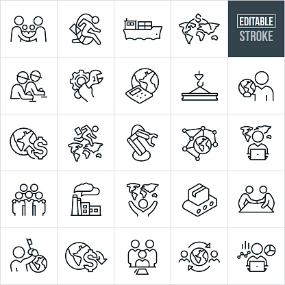 A set of global economy icons that include editable strokes or outlines using the EPS vector file. The icons include business people shaking hands to represent a global agreement, business person jumping through a hoop, shipping barge, business between nations, manufacturing production line, earth with calculator, hand holding wrench to represent industry, steel beam, business person holding planet earth in hand, planet earth with dollar sign, business person jumping from continent to continent, robot arm, global network, factory, business people with arms around shoulders, business deal and other global economy related icons.