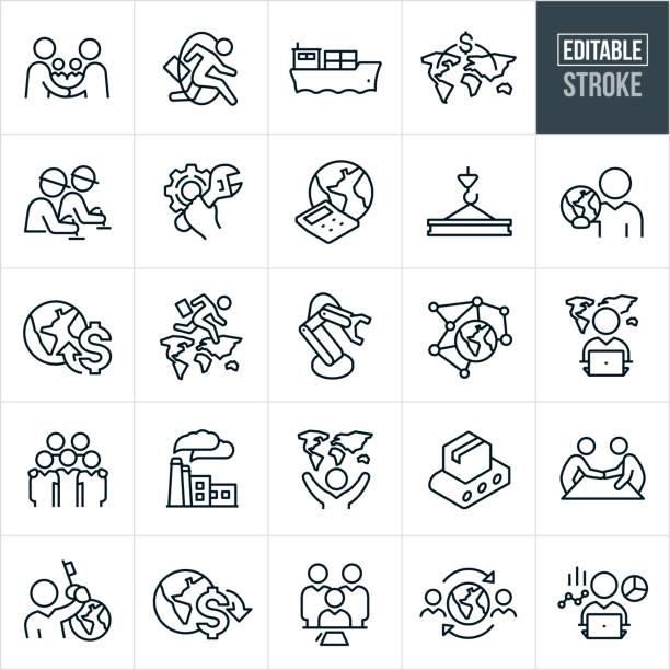 Global Economy Thin Line Icons - Editable Stroke A set of global economy icons that include editable strokes or outlines using the EPS vector file. The icons include business people shaking hands to represent a global agreement, business person jumping through a hoop, shipping barge, business between nations, manufacturing production line, earth with calculator, hand holding wrench to represent industry, steel beam, business person holding planet earth in hand, planet earth with dollar sign, business person jumping from continent to continent, robot arm, global network, factory, business people with arms around shoulders, business deal and other global economy related icons. global finance stock illustrations