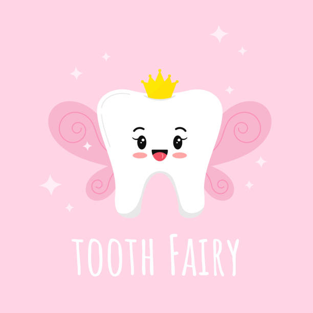 Cute Tooth Fairy with wings, gold crown and sparkles vector icon isolated on pink background. Cute Tooth Fairy with wings, gold crown and sparkles vector icon isolated on pink background. Flat design cartoon kawaii style smiling emoji character. dental gold crown stock illustrations