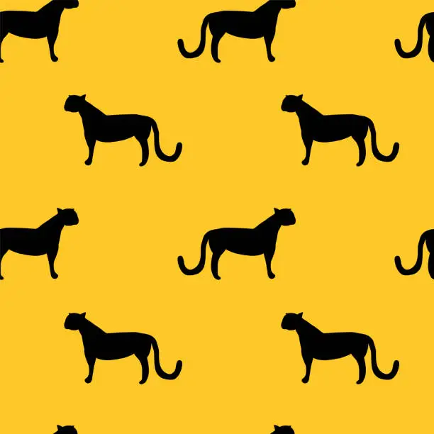 Vector illustration of Wild cat silhouettes seamless vector pattern. Leopards, jaguar and cheetah shapes black on yellow repeating background. Wild African animals backdrop. Wild cats repeating design.