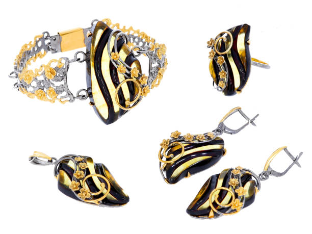 istock Amber jewelry set: ring, earring, bracelet, pendant necklace. Baltic amber. Isolated image. 1218844802