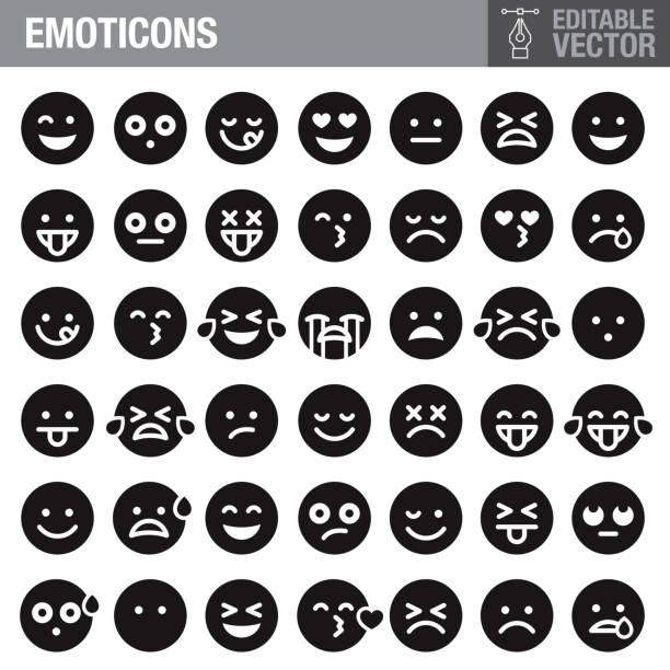 이모티콘 검은 문말 아이콘 세트 - sadness depression smiley face happiness stock illustrations