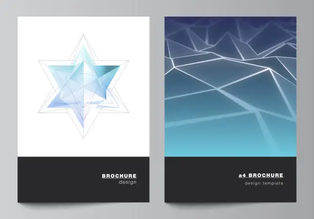 Vector illustration of Vector layout of two A4 format modern cover mockups design templates for bifold brochure, flyer, booklet. 3d polygonal geometric modern design abstract background. Science or technology vector.