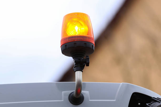 istock Orange flashing light on the transport on a blurred background 1218847988