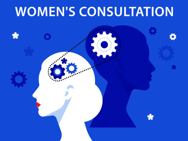 istock Two women connected with each other by chain and gear. Consulting business or women's consultation. Vector illustration in flat style for web, banner, poster, presentation. 1218848049